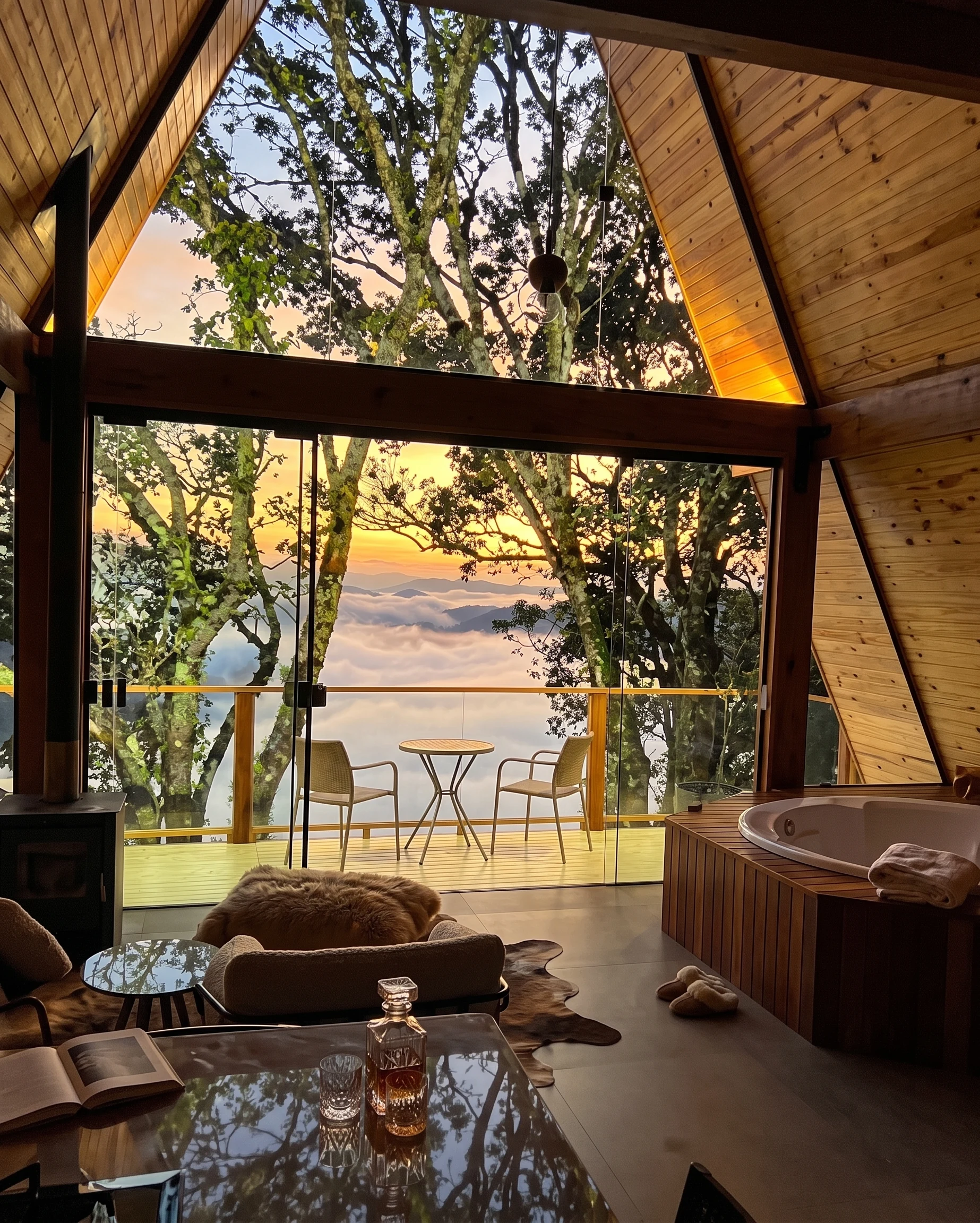 Interior do chalé com vista